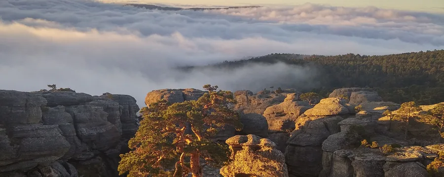 El roquedo de Castroviejo al amanecer, sobre un mar de nubes