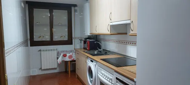 Cocina con placa, horno, lavadora y tostadora