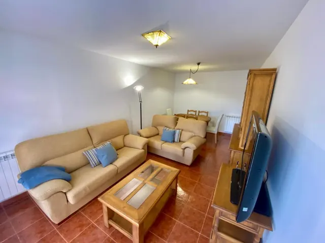 Salón con sofás, mesa baja y televisión