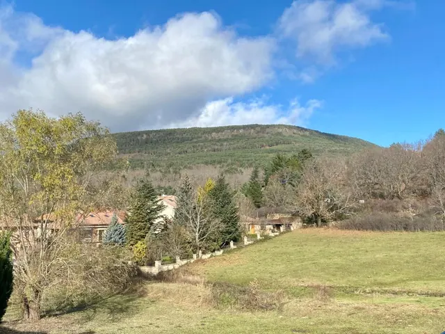 El cerro cubierto de monte, sobre los tejados del pueblo